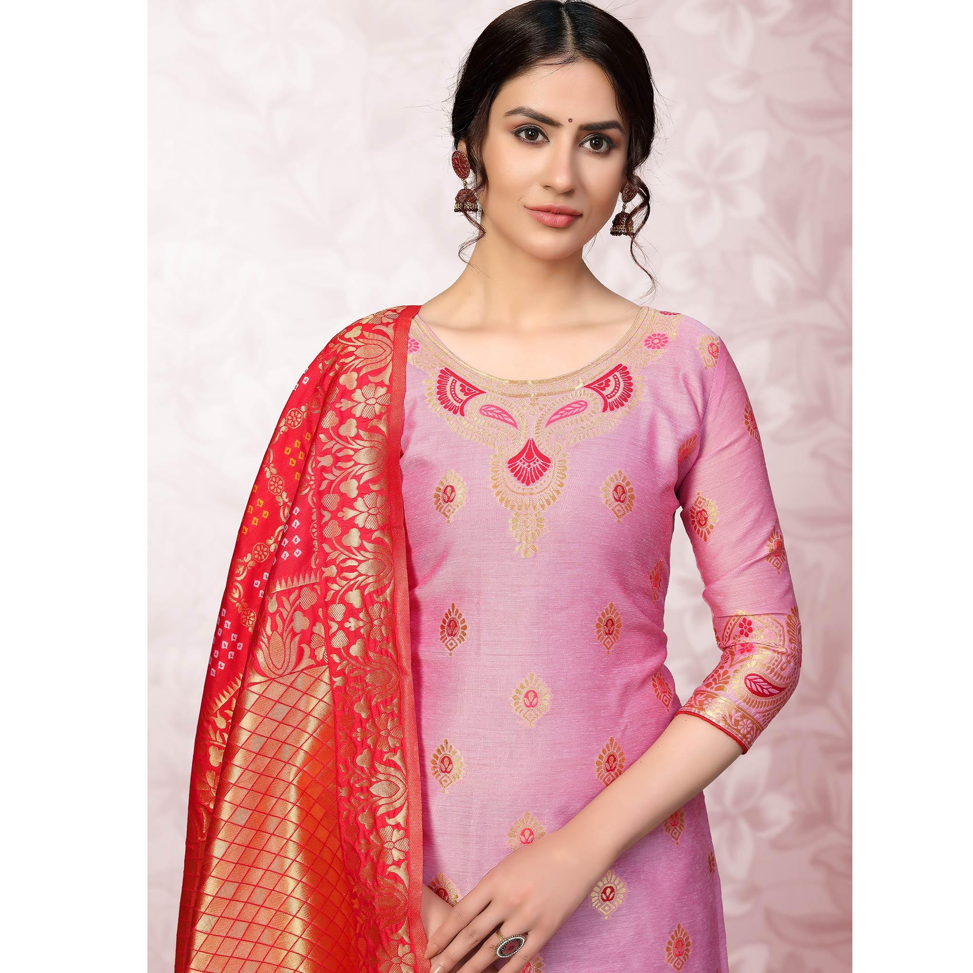 Desirable Pink Colored Festive Wear Woven Banarasi Silk Dress Material