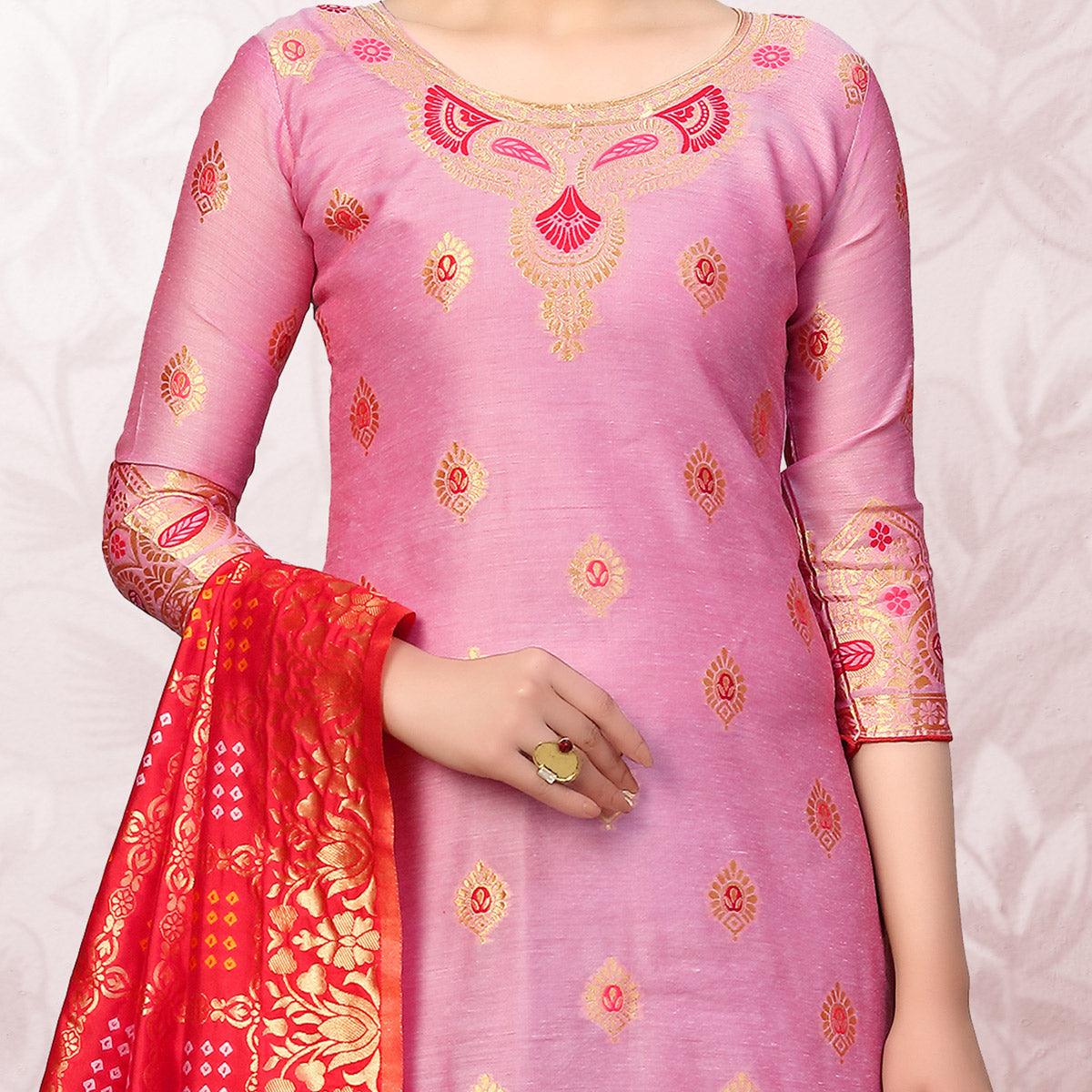 Desirable Pink Colored Festive Wear Woven Banarasi Silk Dress Material