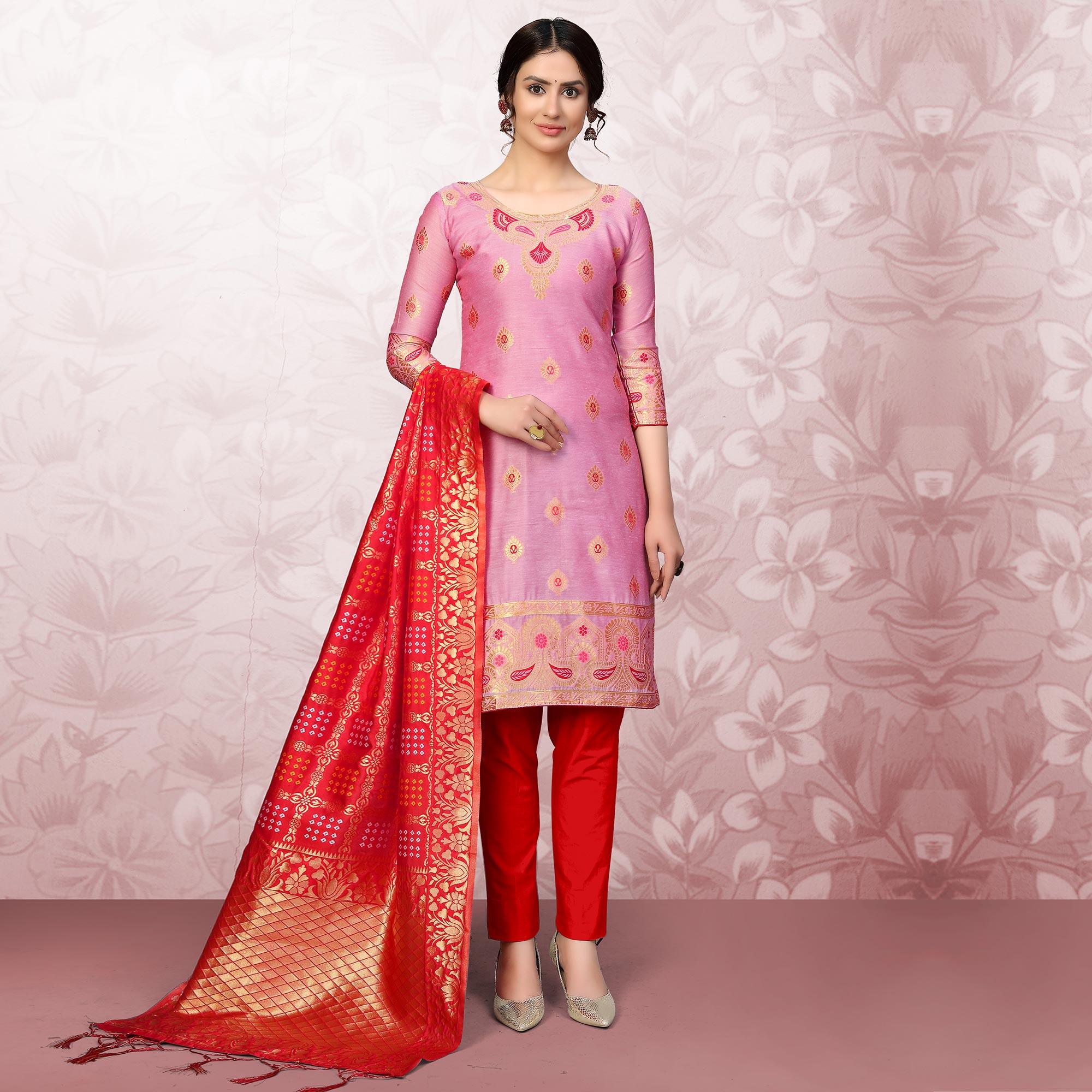 Desirable Pink Colored Festive Wear Woven Banarasi Silk Dress Material