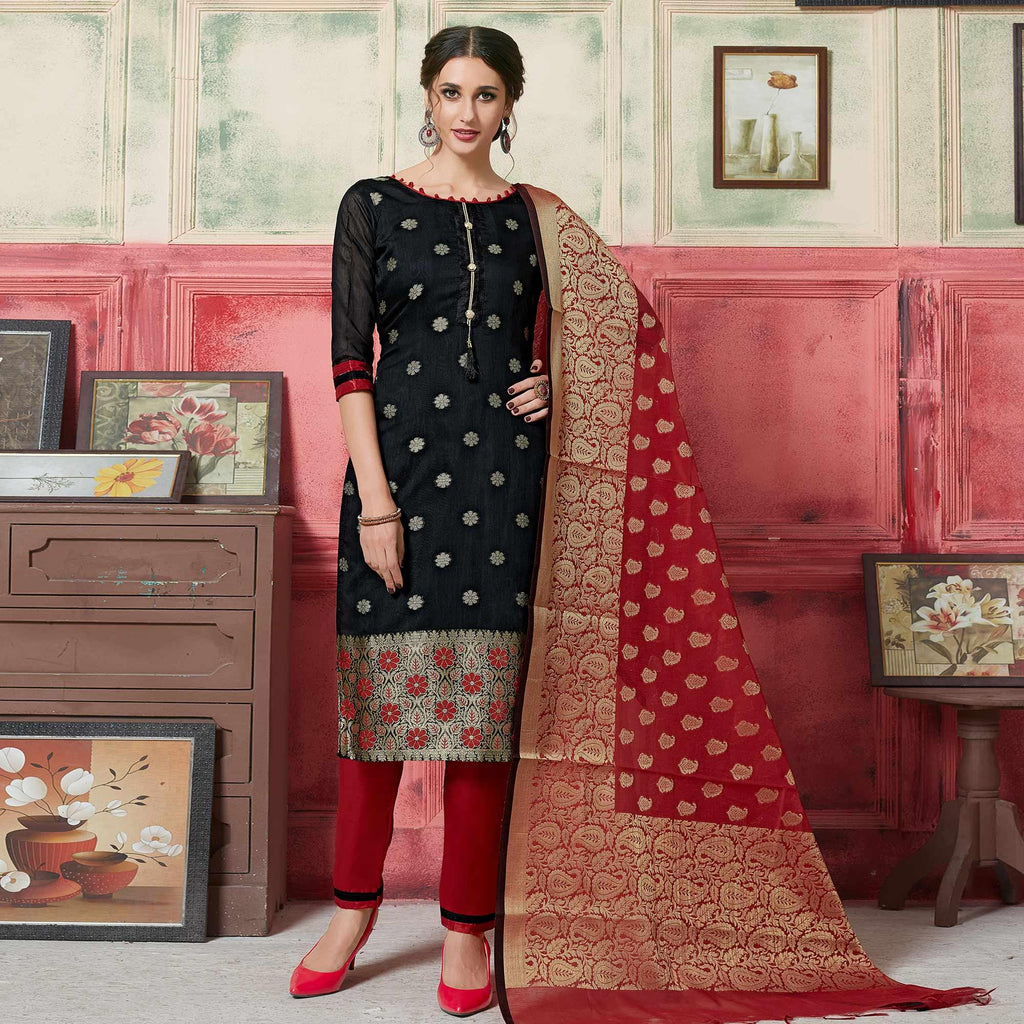 Elegant Black Colored Festive Wear Woven Jacquard Silk Dress Material With Banarasi Silk Dupatta
