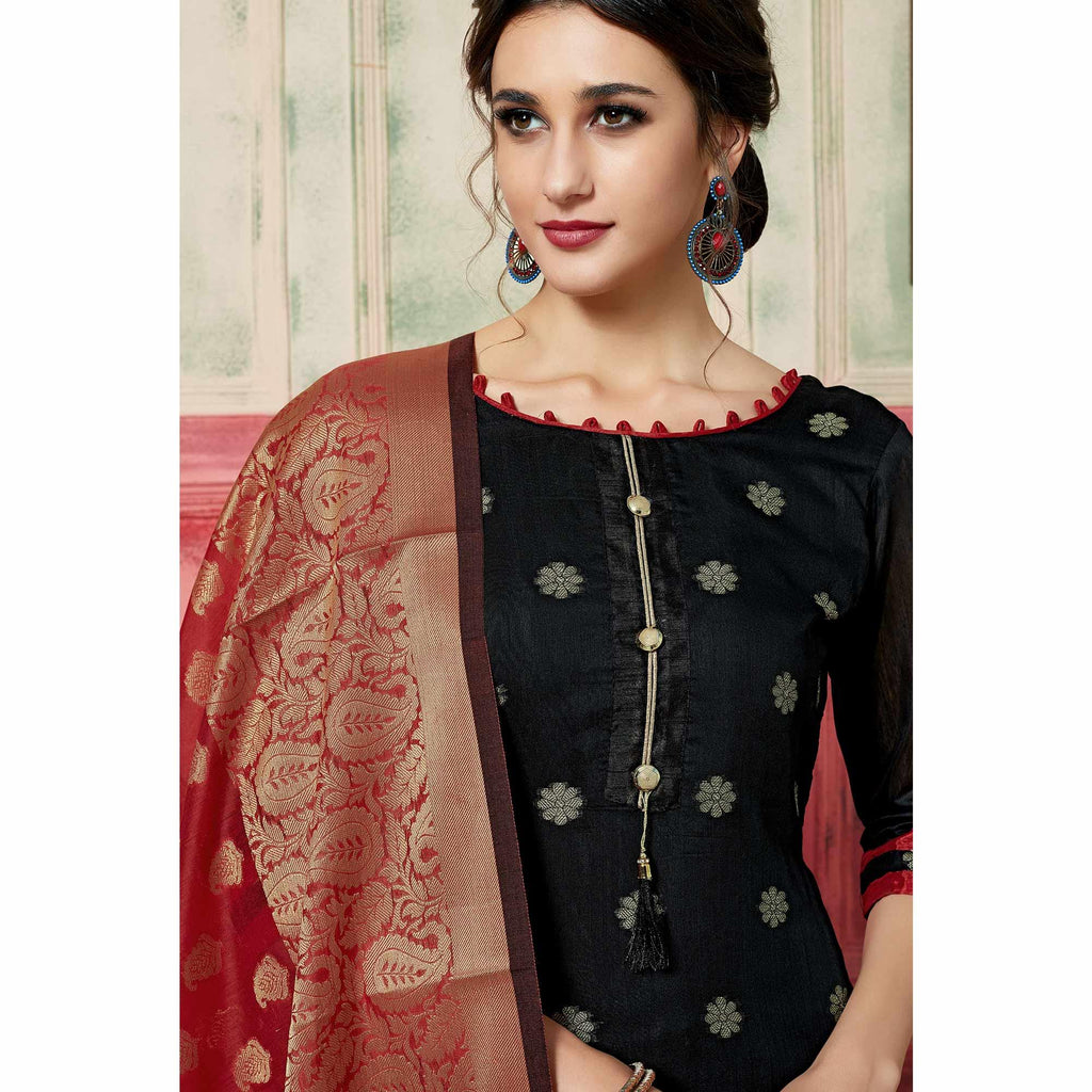 Elegant Black Colored Festive Wear Woven Jacquard Silk Dress Material With Banarasi Silk Dupatta