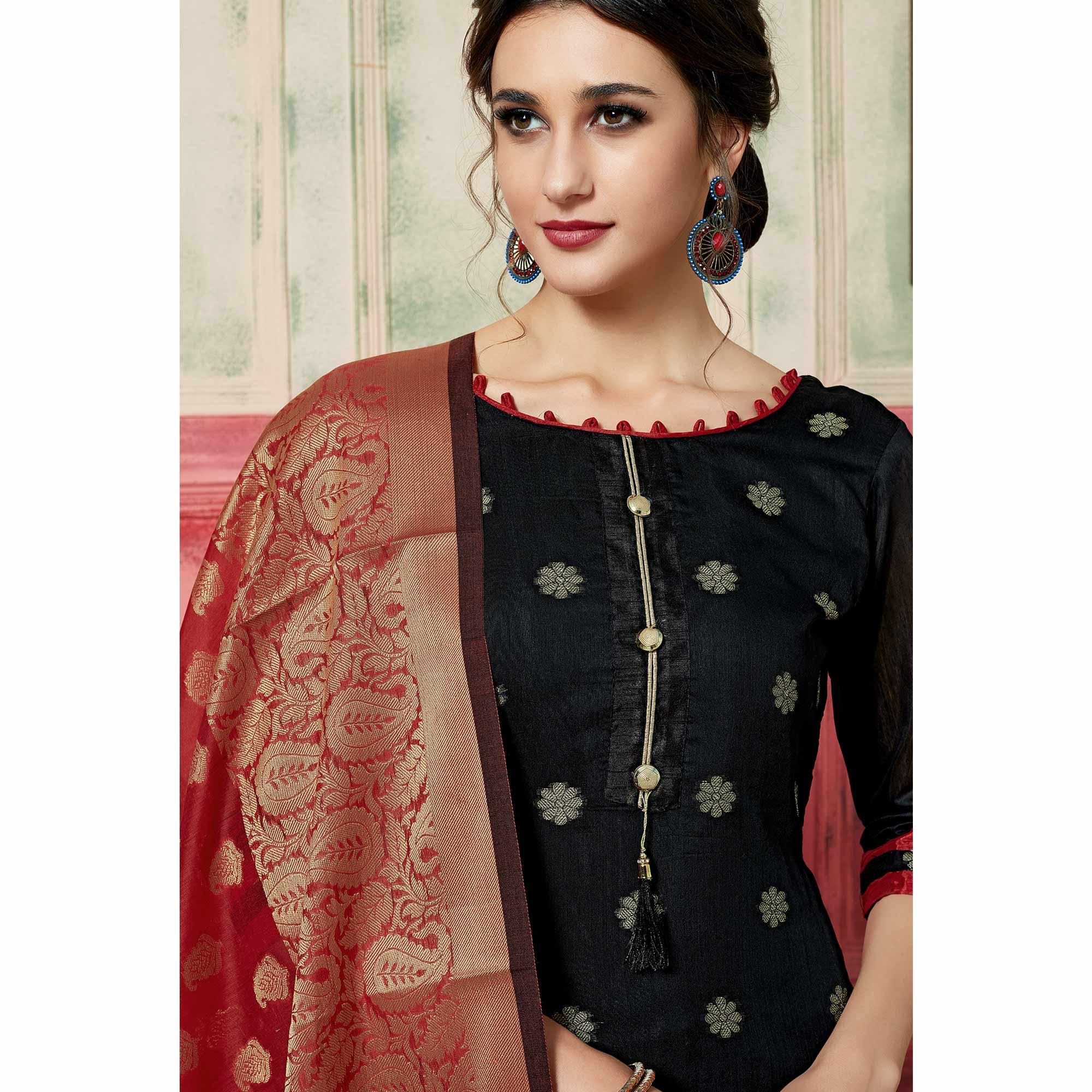 Elegant Black Colored Festive Wear Woven Jacquard Silk Dress Material With Banarasi Silk Dupatta