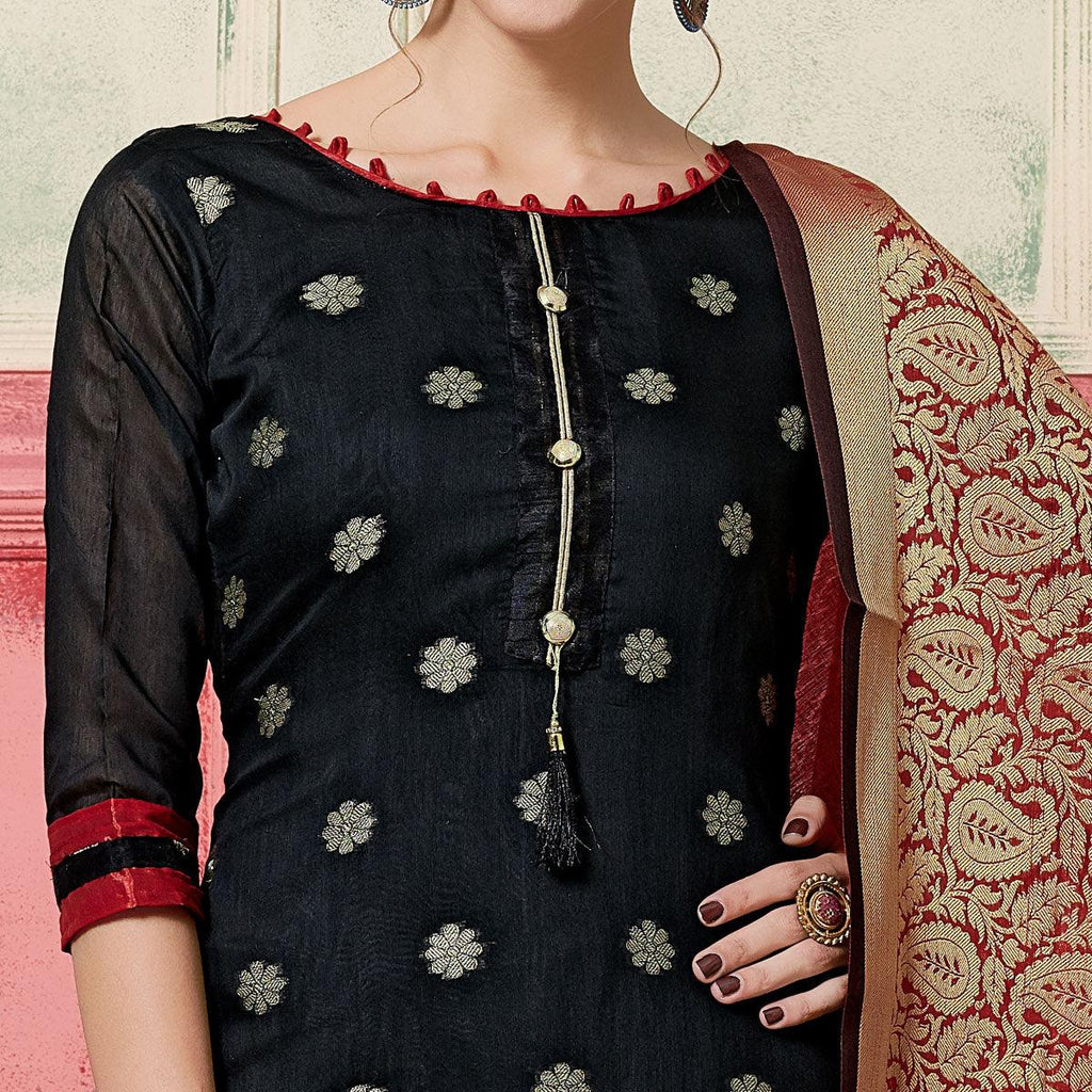 Elegant Black Colored Festive Wear Woven Jacquard Silk Dress Material With Banarasi Silk Dupatta