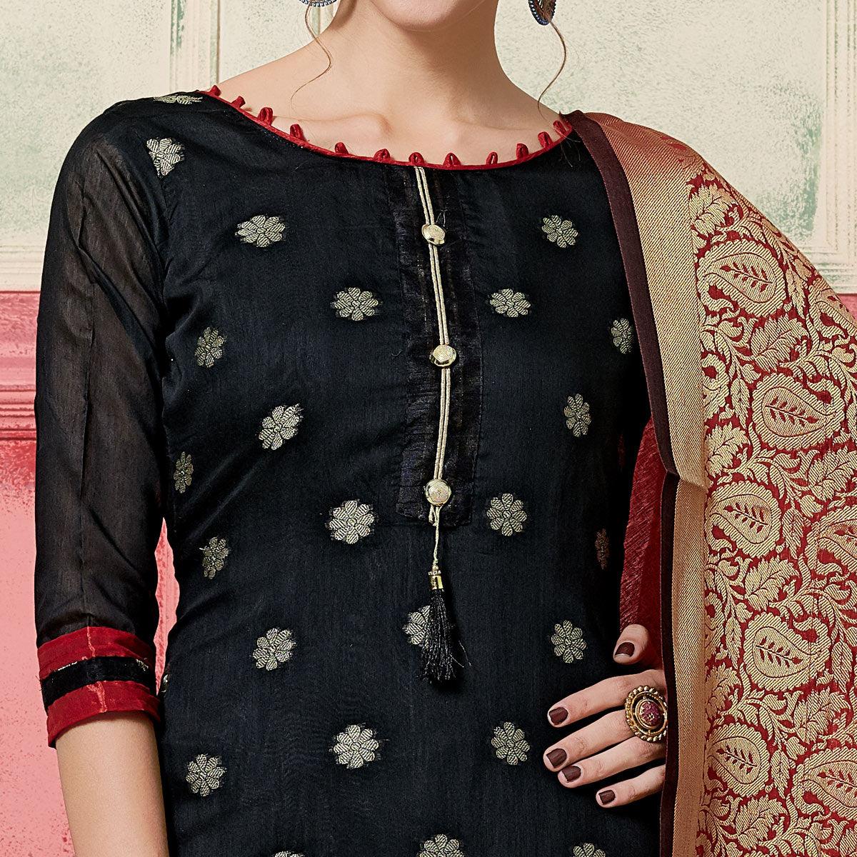 Elegant Black Colored Festive Wear Woven Jacquard Silk Dress Material With Banarasi Silk Dupatta
