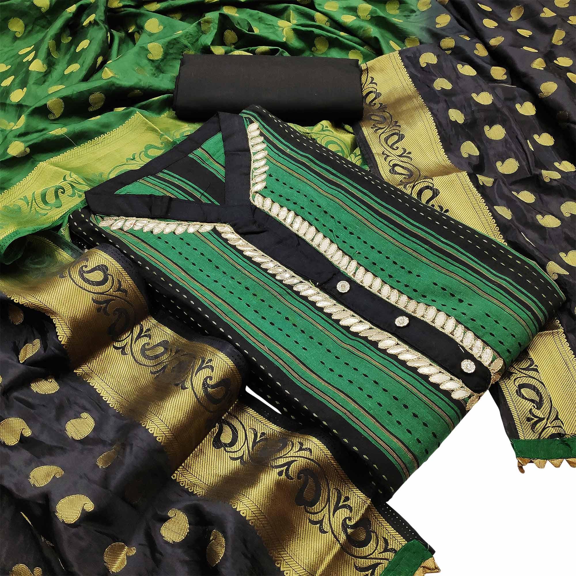 Elegant Green Colored Festive Wear Embroidered Woven Cotton Dress Material