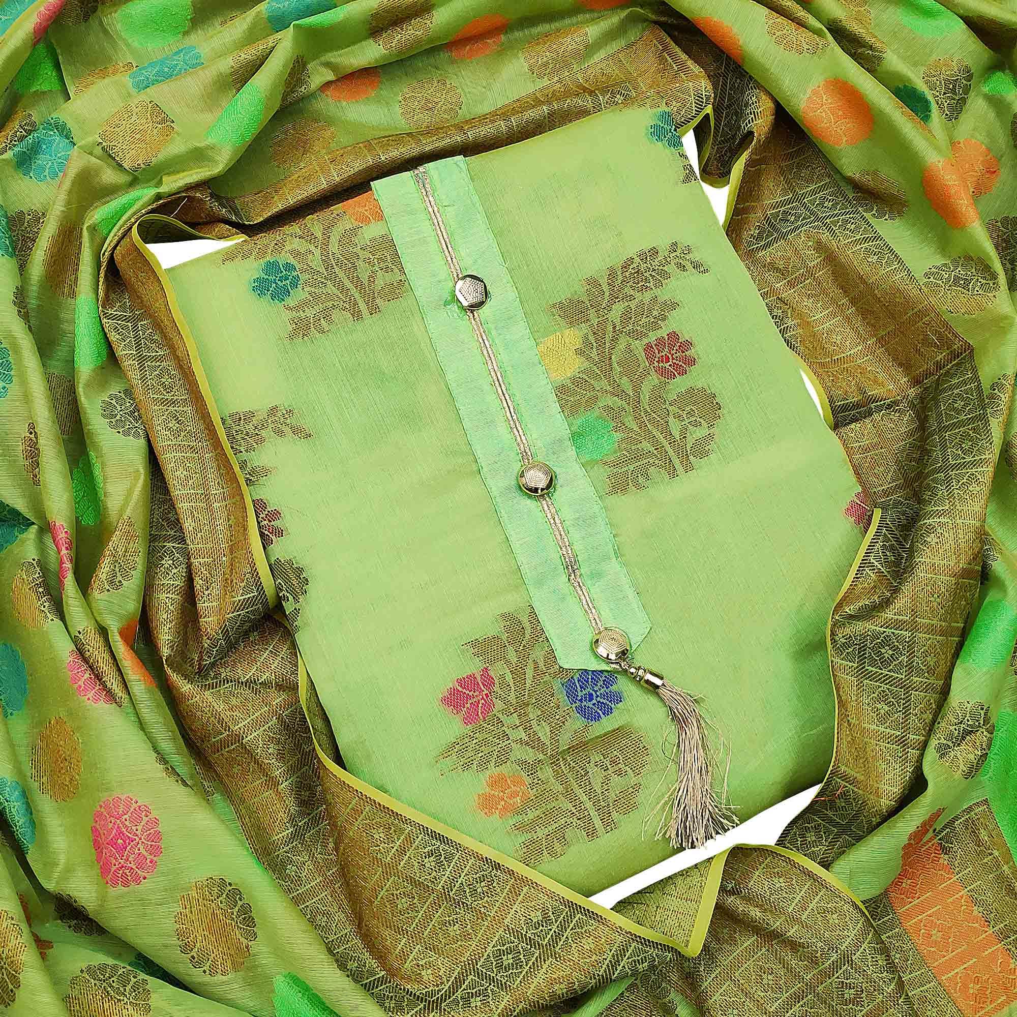 Elegant Green Colored Festive Wear Woven Heavy Banarasi Silk Dress Material
