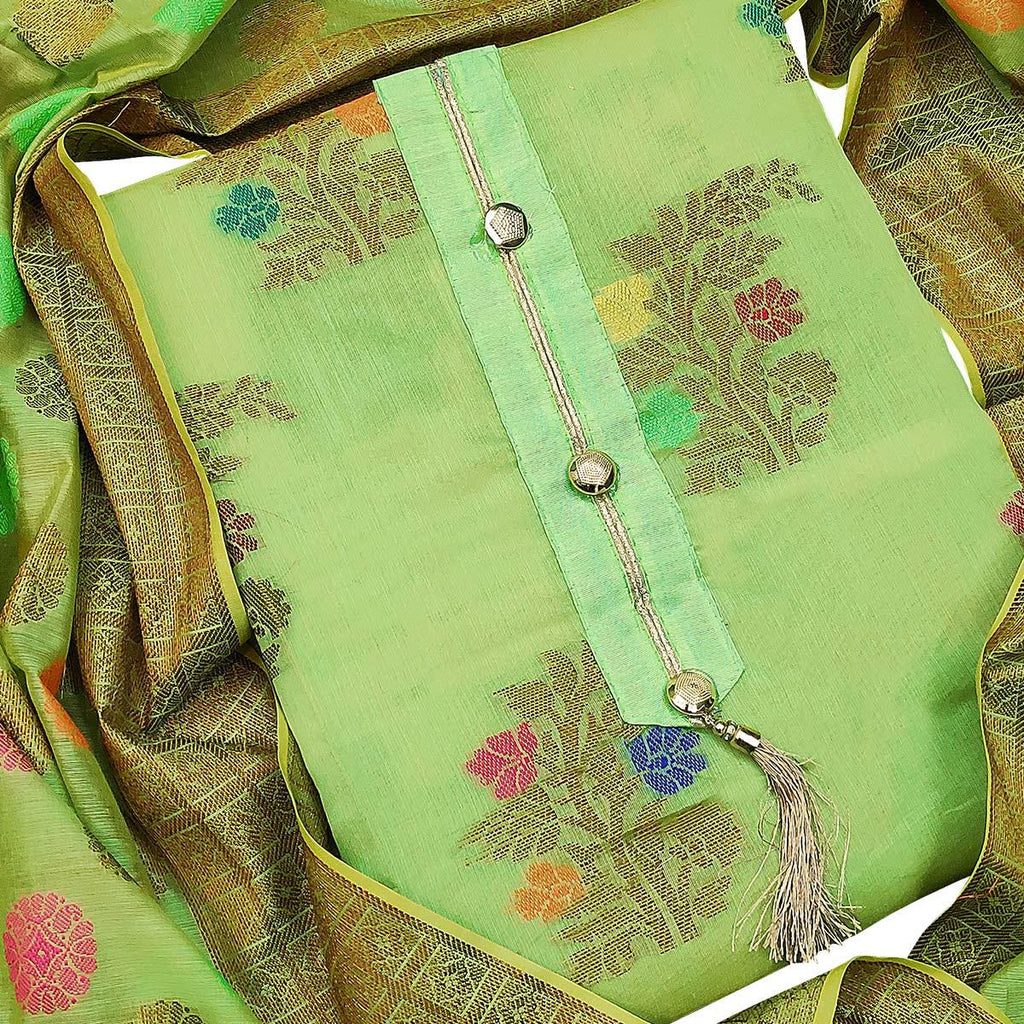 Elegant Green Colored Festive Wear Woven Heavy Banarasi Silk Dress Material