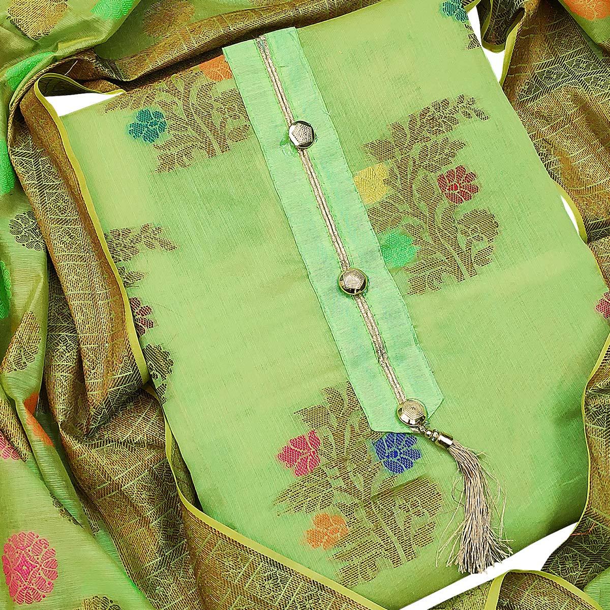 Elegant Green Colored Festive Wear Woven Heavy Banarasi Silk Dress Material
