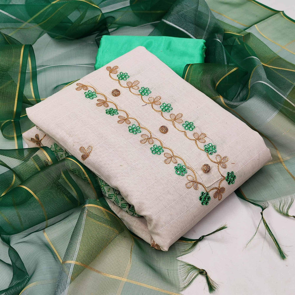 Elegant White - Green Colored Casual Embroidered Modal Chanderi Jacquard Dress Material