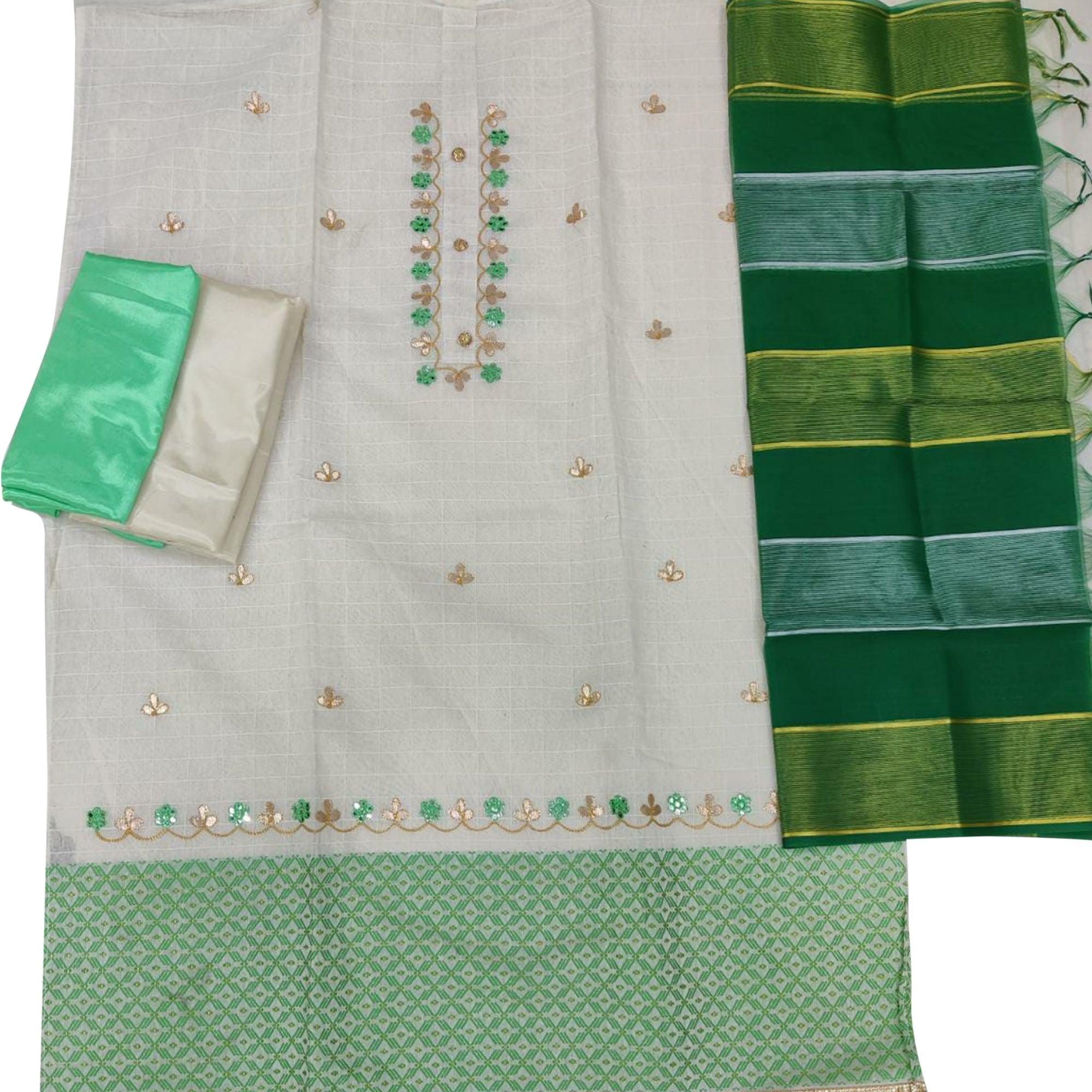 Elegant White - Green Colored Casual Embroidered Modal Chanderi Jacquard Dress Material