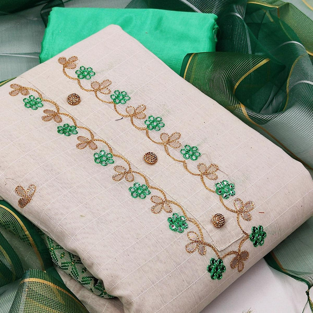 Elegant White - Green Colored Casual Embroidered Modal Chanderi Jacquard Dress Material