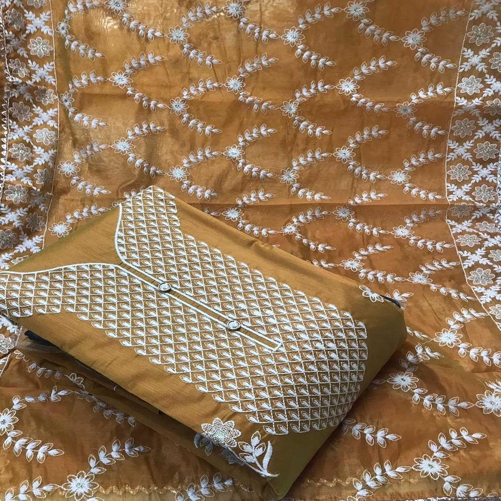 Energetic Yellow Colored Casual Wear Embroidered Chanderi Dress Material