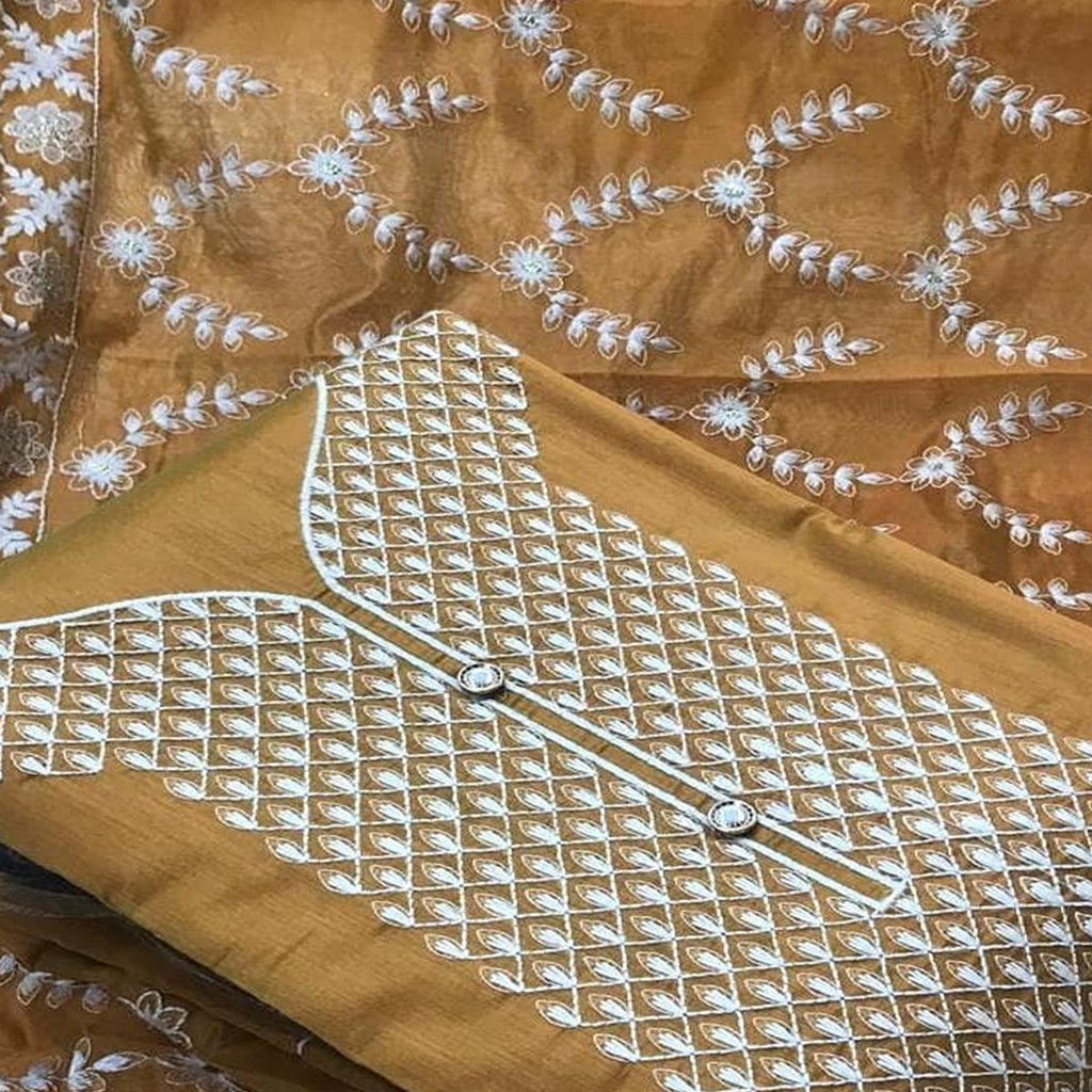 Energetic Yellow Colored Casual Wear Embroidered Chanderi Dress Material