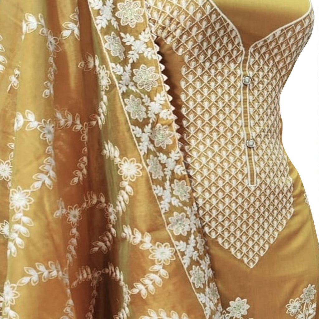 Energetic Yellow Colored Casual Wear Embroidered Chanderi Dress Material