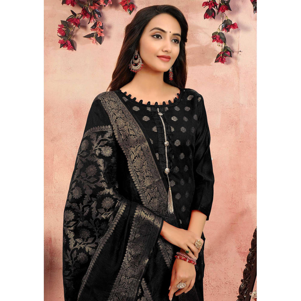 Excellent Black Colored Festive Wear Woven Banarasi Silk Dress Material