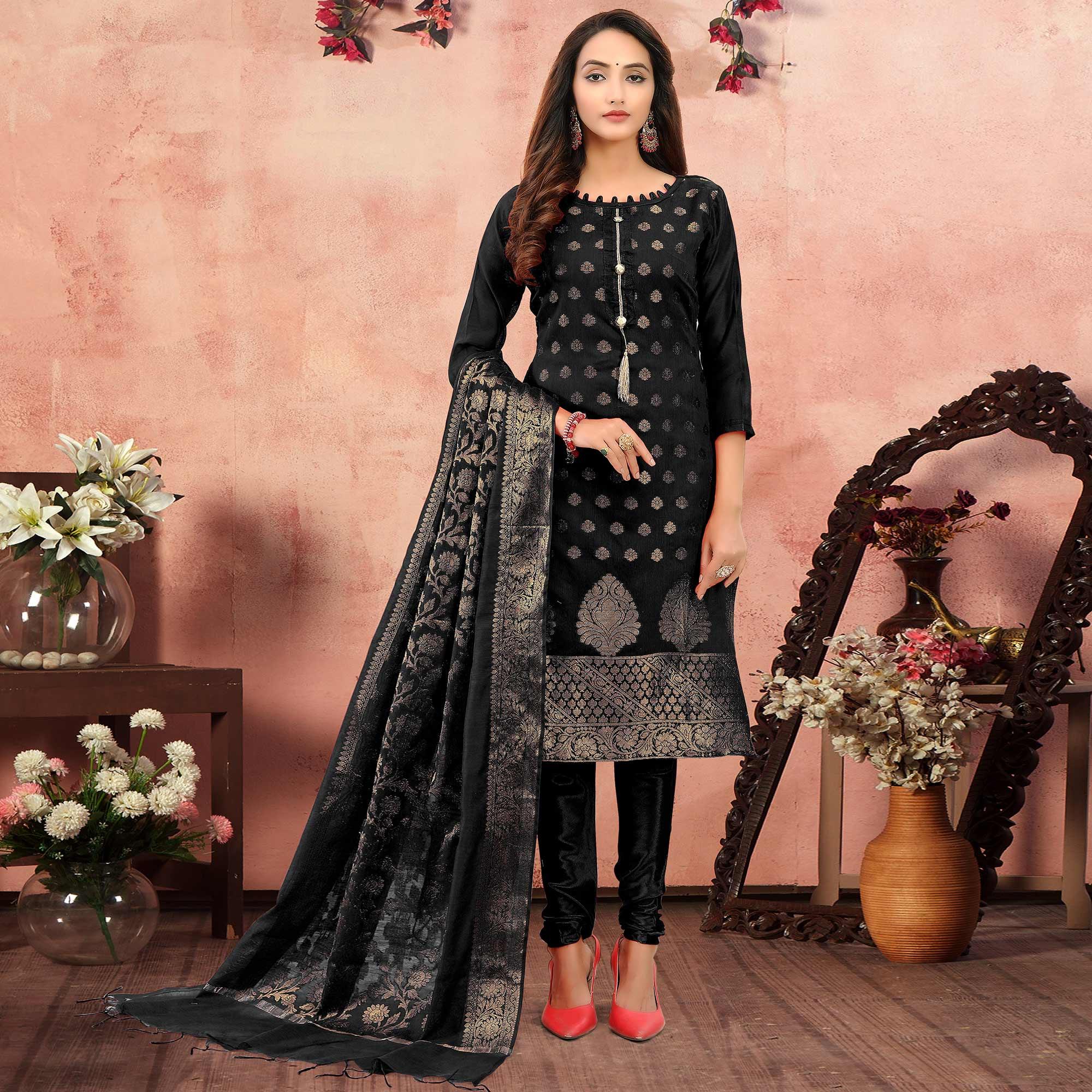 Excellent Black Colored Festive Wear Woven Banarasi Silk Dress Material
