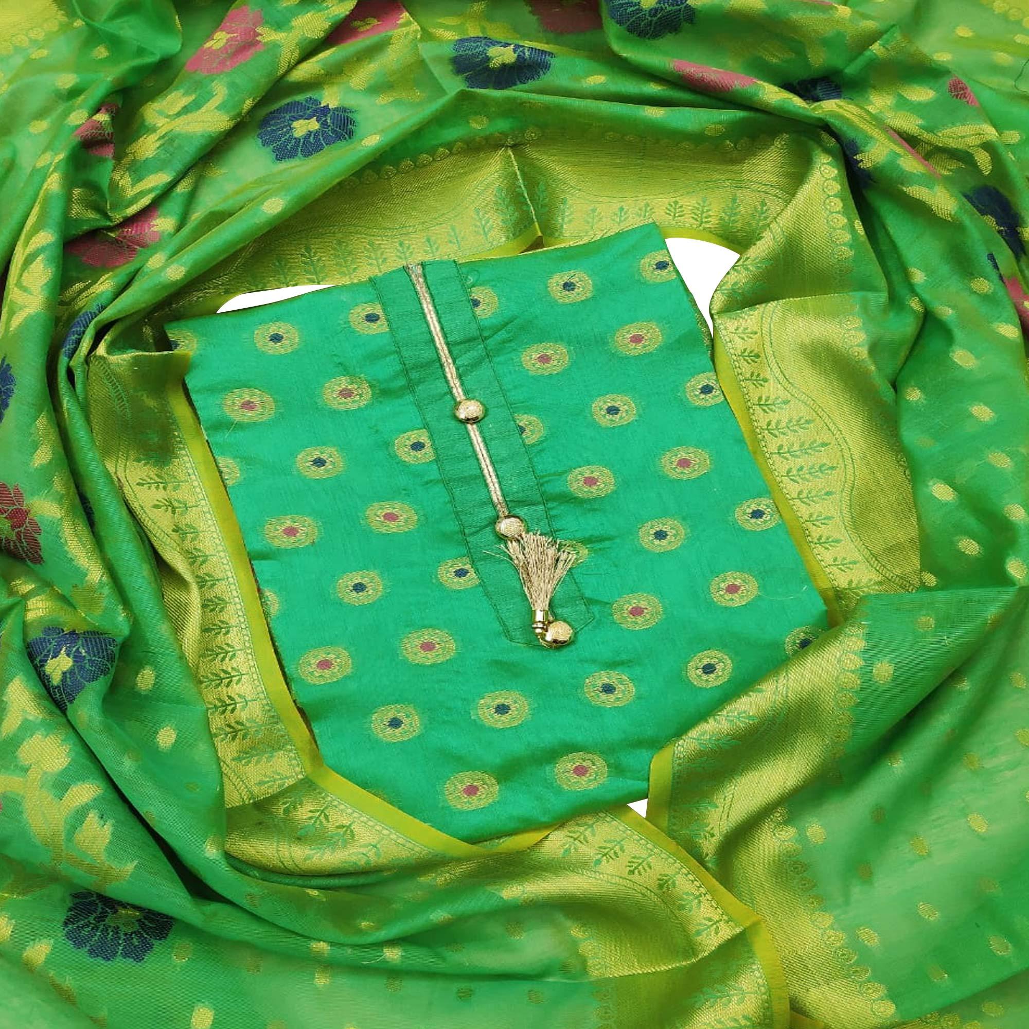 Exclusive Green Colored Festive Wear Woven Banarasi Silk Dress Material