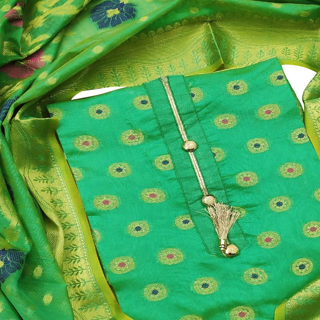 Exclusive Green Colored Festive Wear Woven Banarasi Silk Dress Material