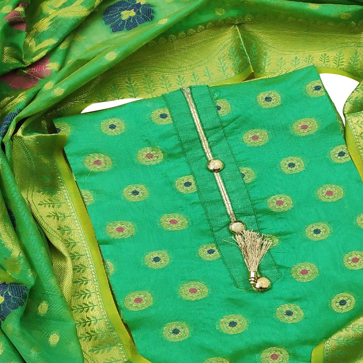 Exclusive Green Colored Festive Wear Woven Banarasi Silk Dress Material