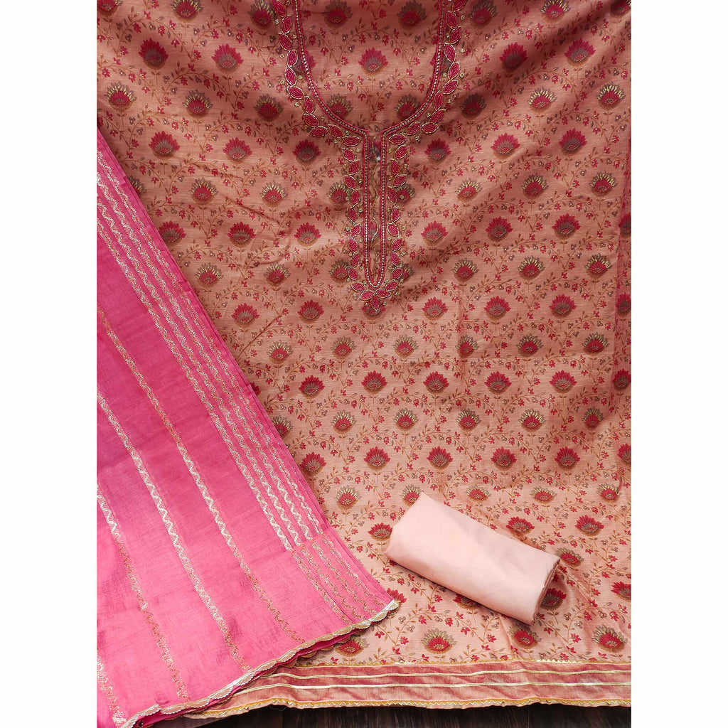 Peach Printed With Handwork Modal Dress Material