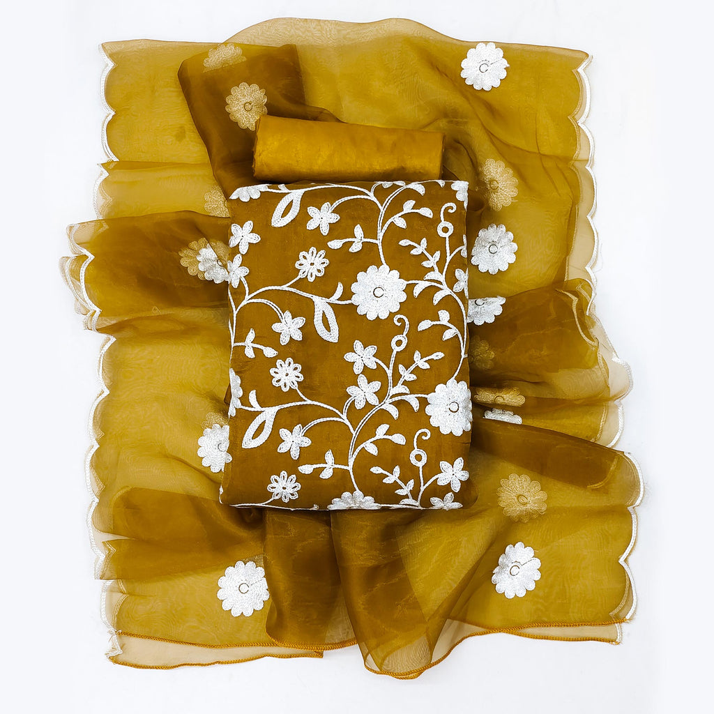 Mustard Floral Embroidered Organza Dress Material
