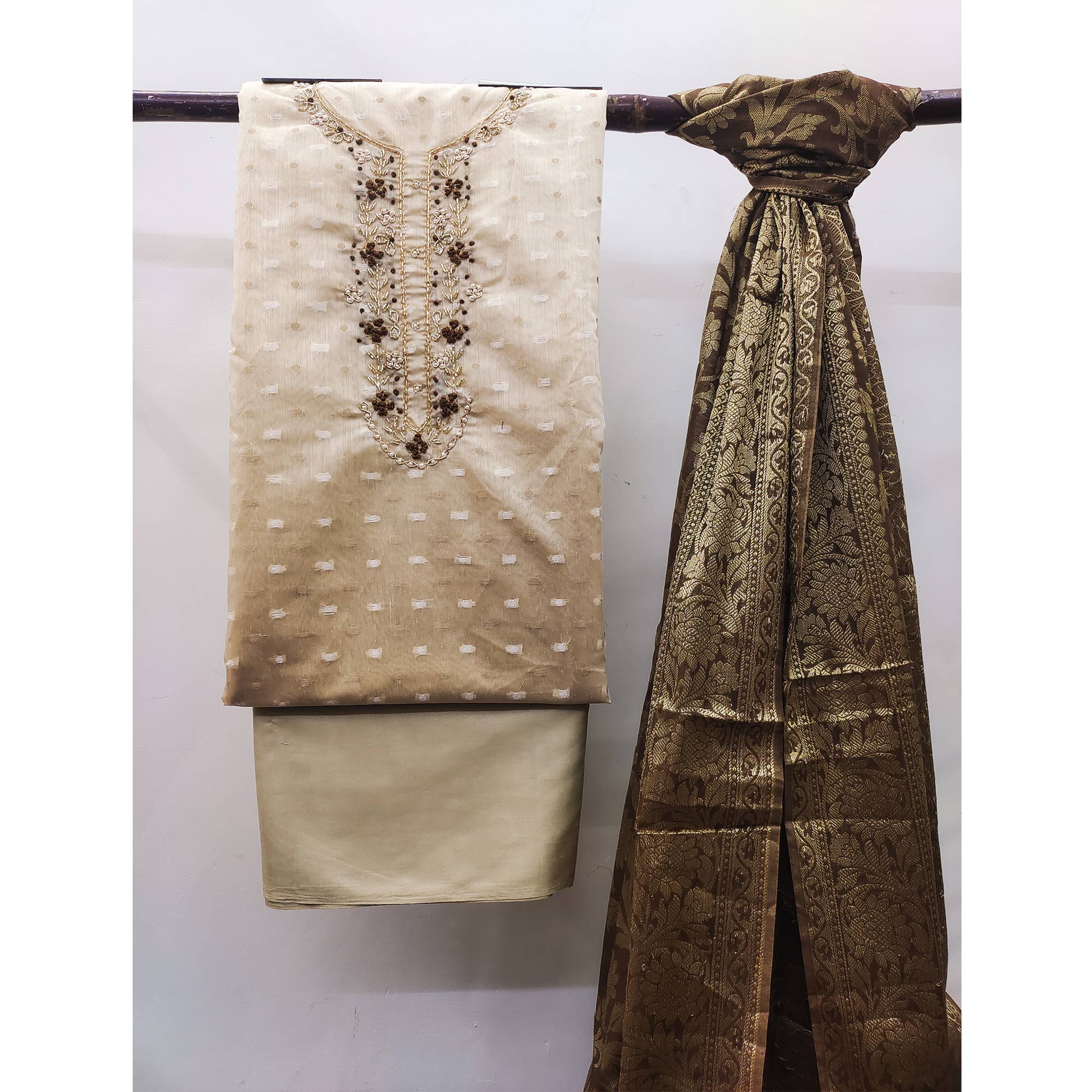 Beige Woven Banarasi Silk Dress Material