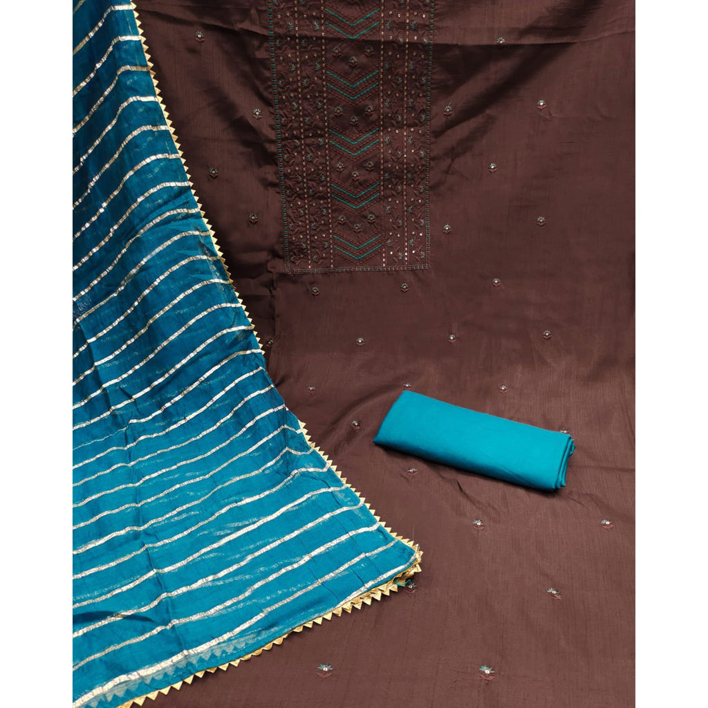 Brown Floral Sequins Embroidered Raw Silk Dress Material