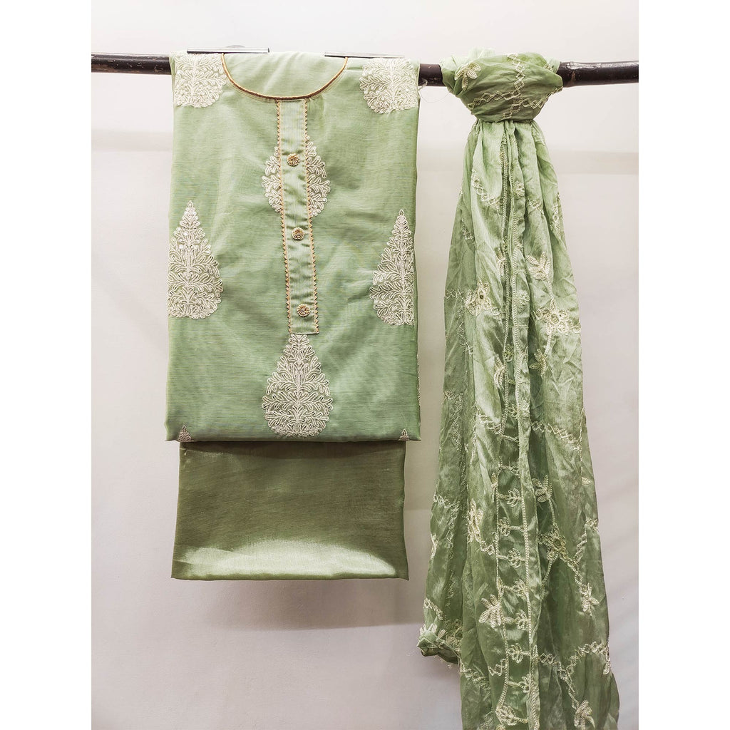 Green Embroidered Chanderi Dress Material