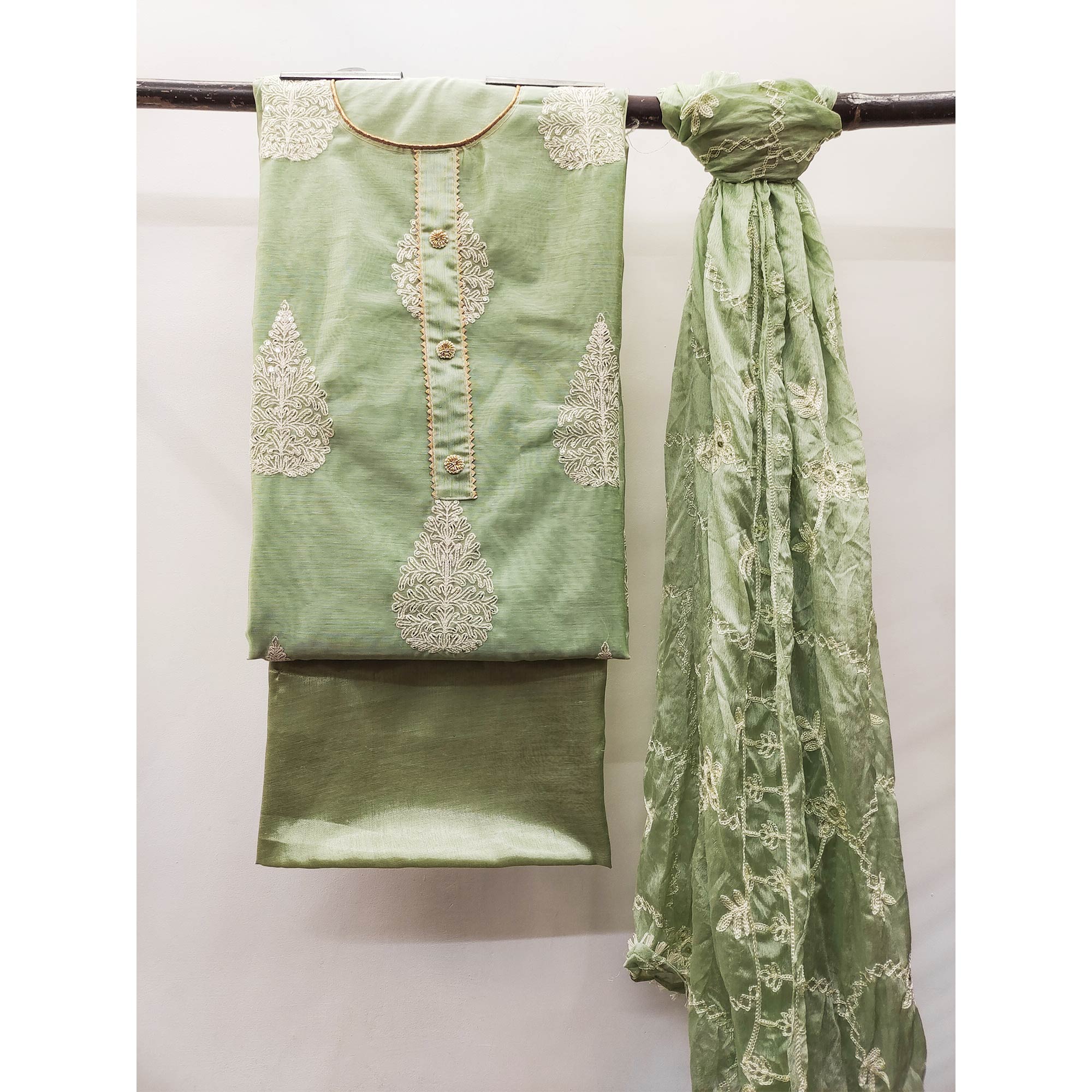 Green Embroidered Chanderi Dress Material