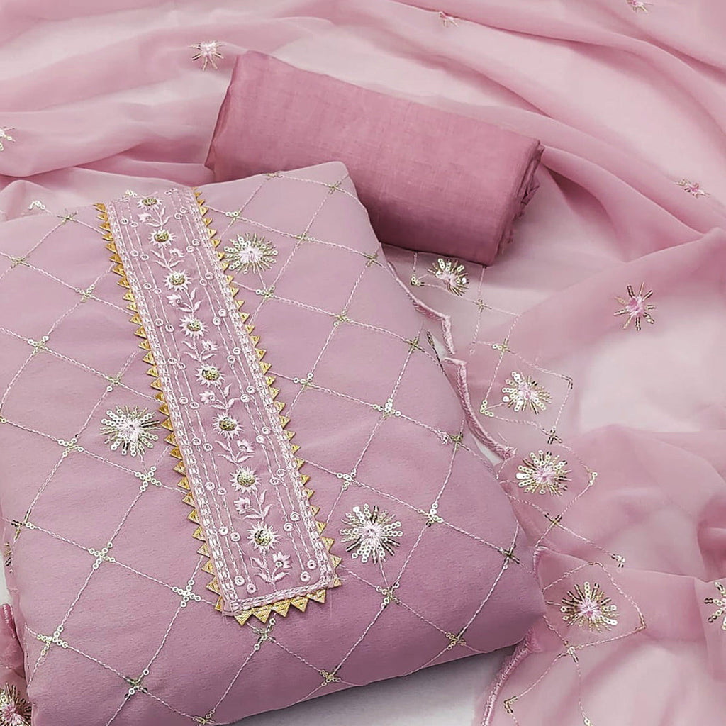 Pink Embroidered Sequins Georgette Dress Material