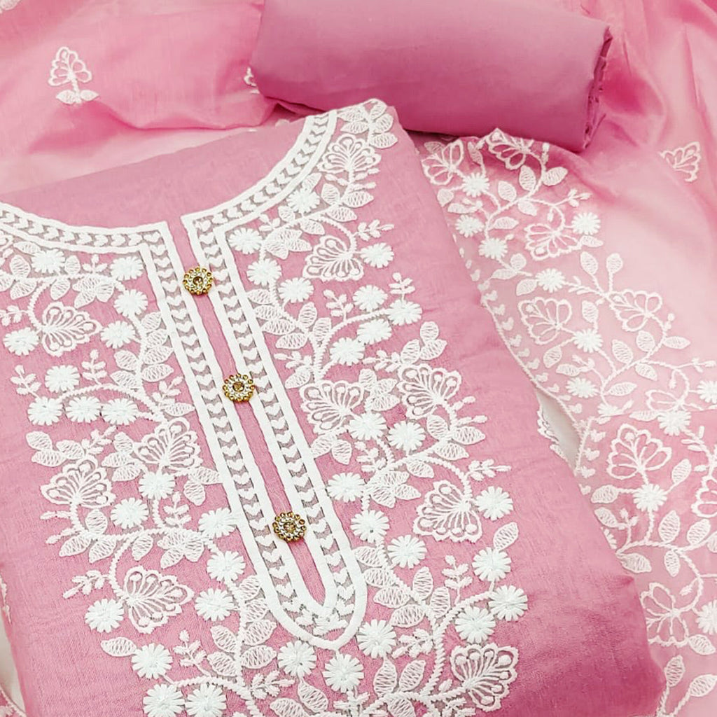 Pink Floral Embroidered Modal Dress Material