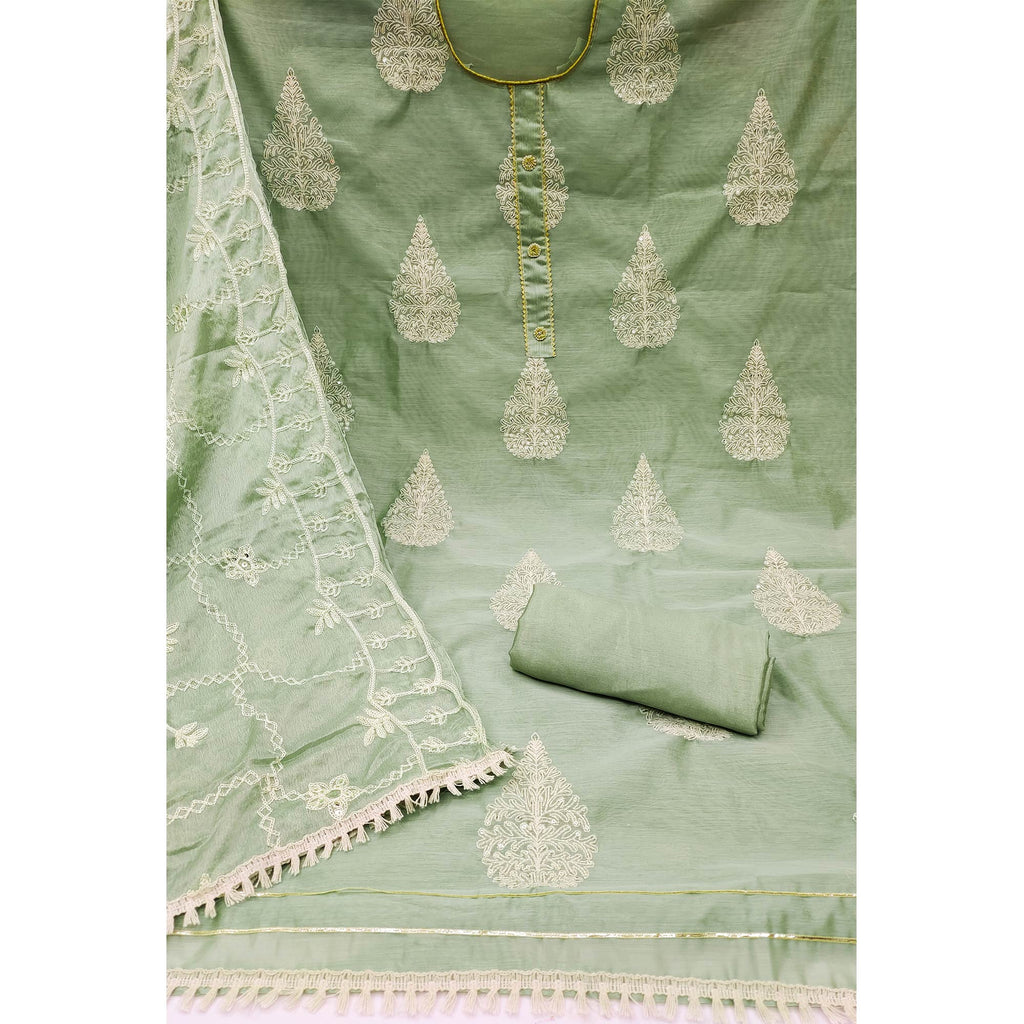 Green Embroidered Chanderi Dress Material