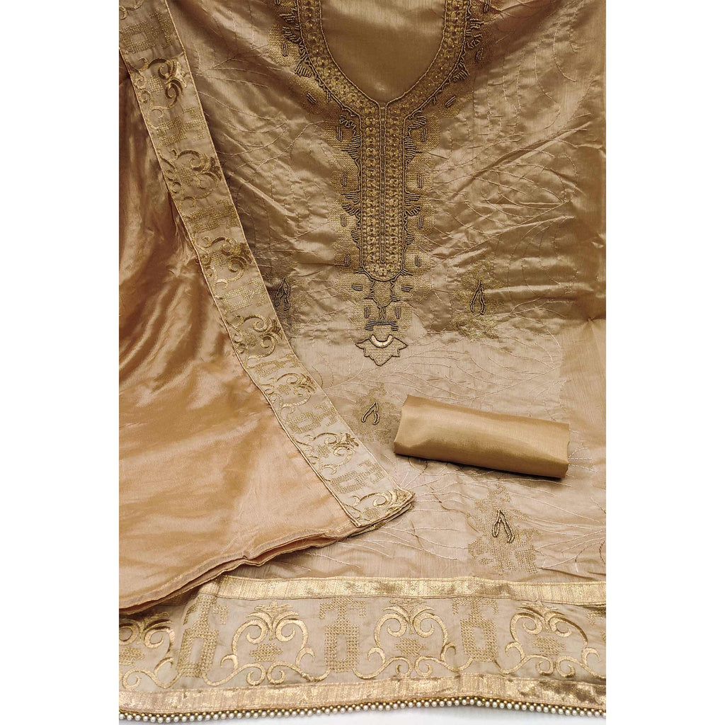 Light Brown Handwork Embroidered Modal Dress Material