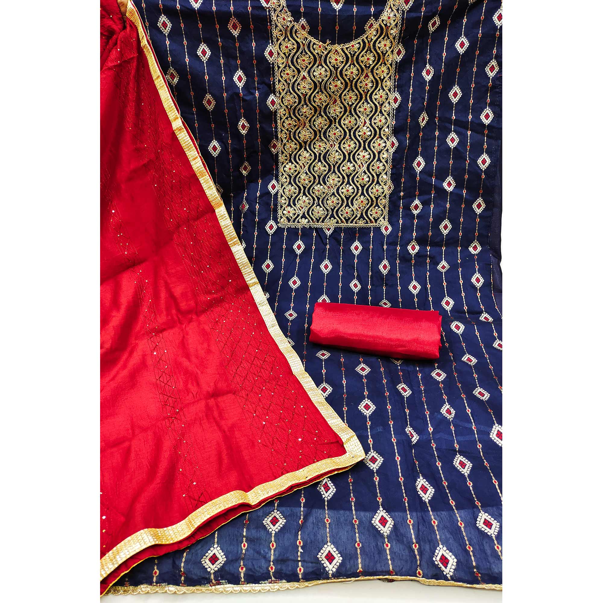 Navy Blue Woven With Embroidered Modal Dress Material