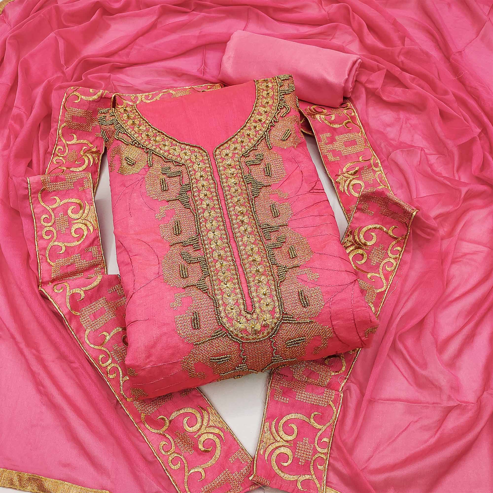 Pink Handwork Embroidered Modal Dress Material