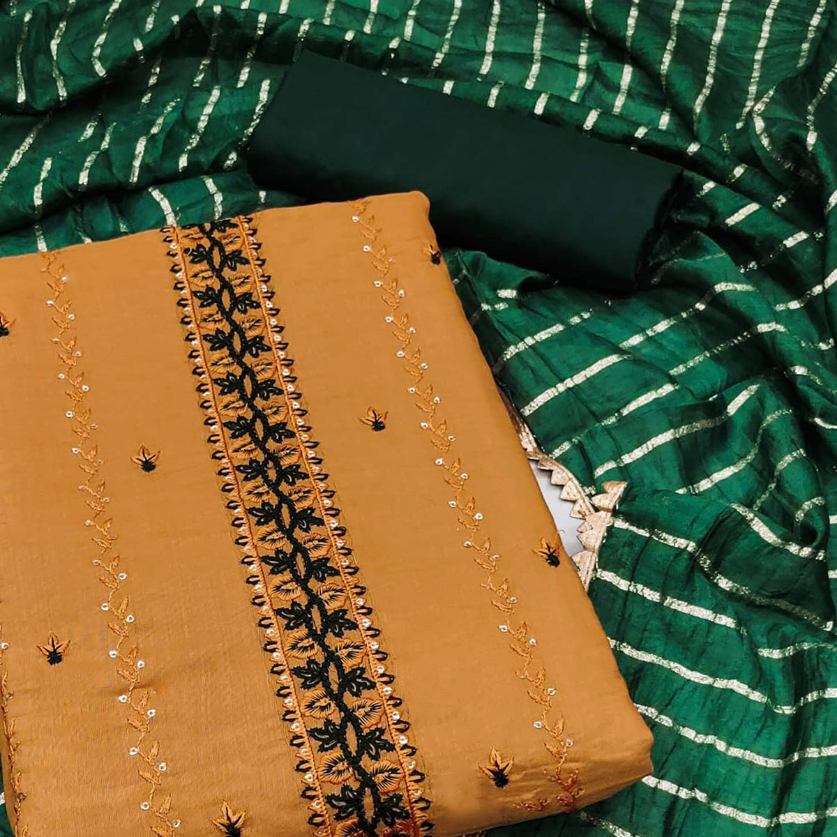 Mustard Embroidered Sequins Cotton Blend Dress Material