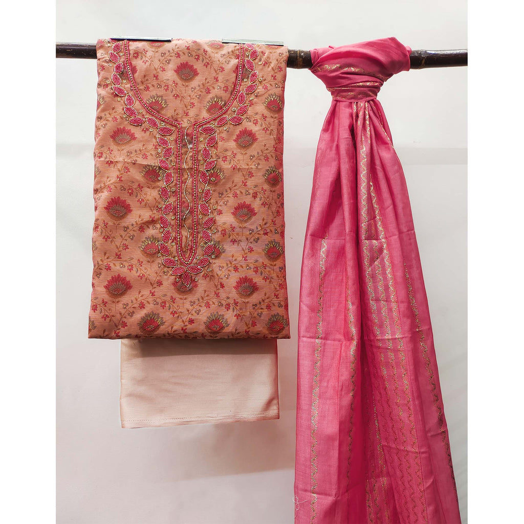 Peach Printed With Handwork Modal Dress Material