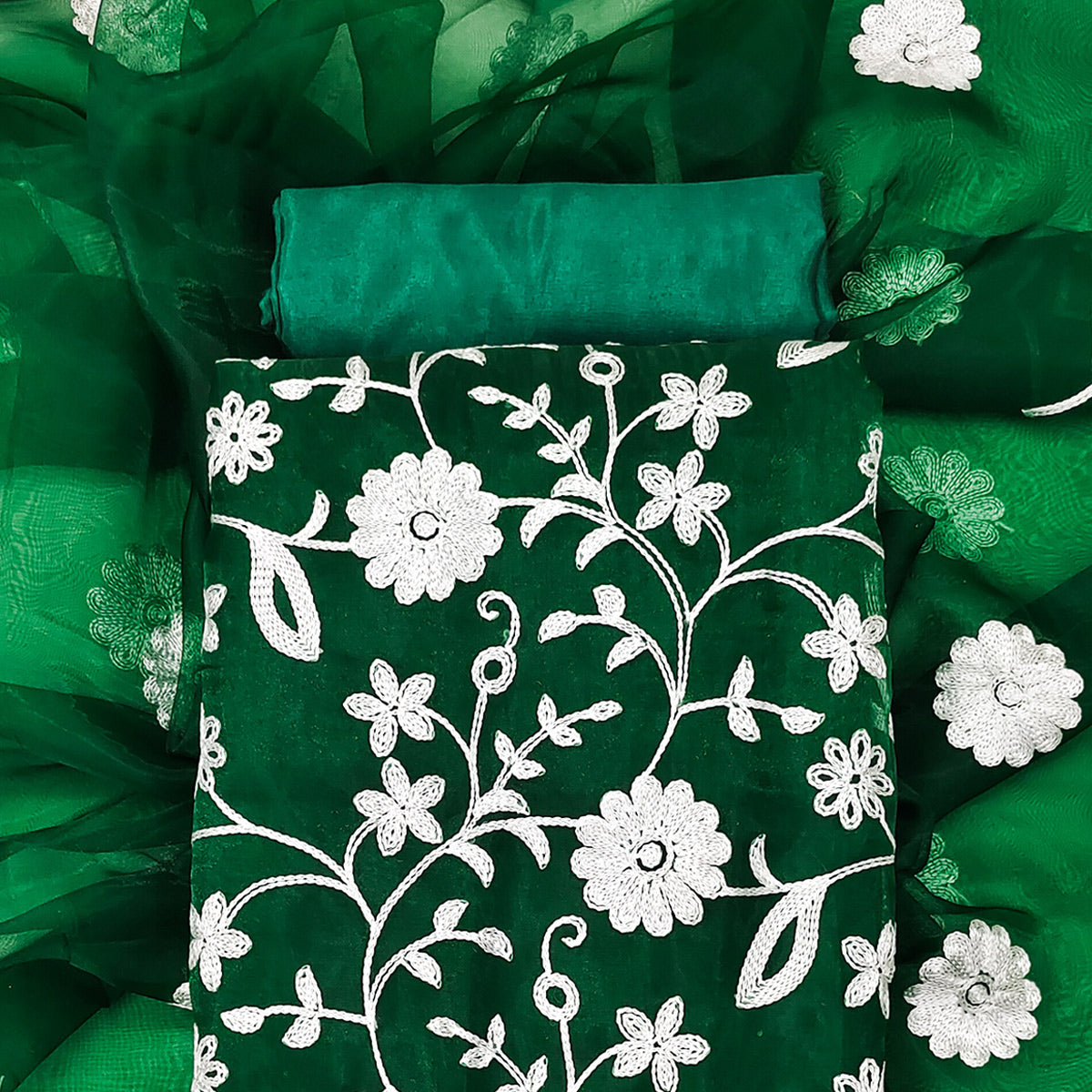 Green Floral Embroidered Organza Dress Material