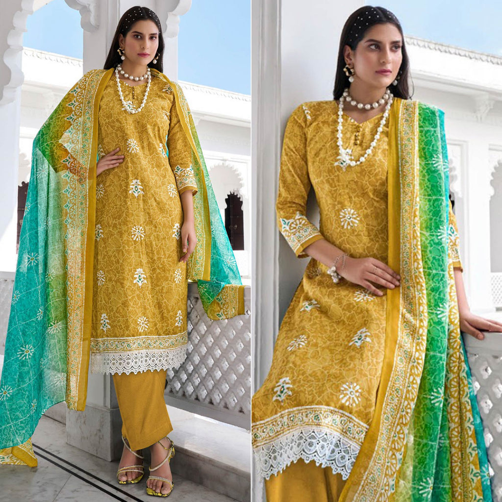 Mehendi Green Digital Printed With Mirror Work Pure Cotton Suit