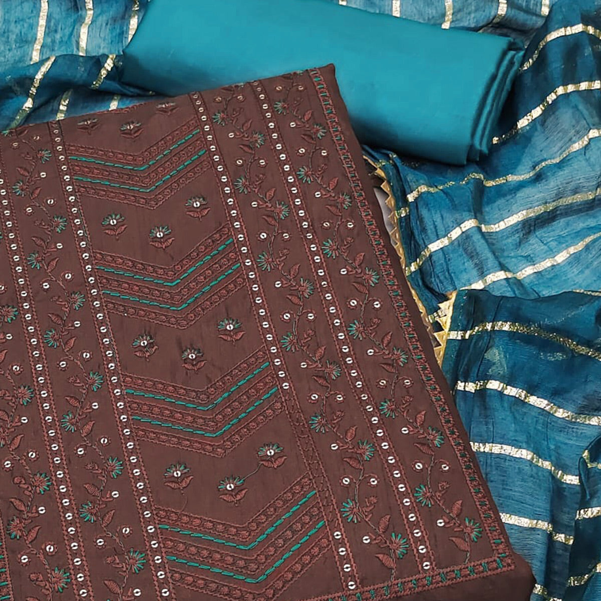Brown Floral Sequins Embroidered Raw Silk Dress Material