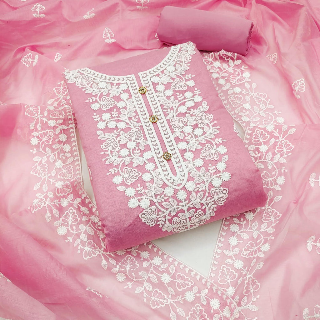 Pink Floral Embroidered Modal Dress Material