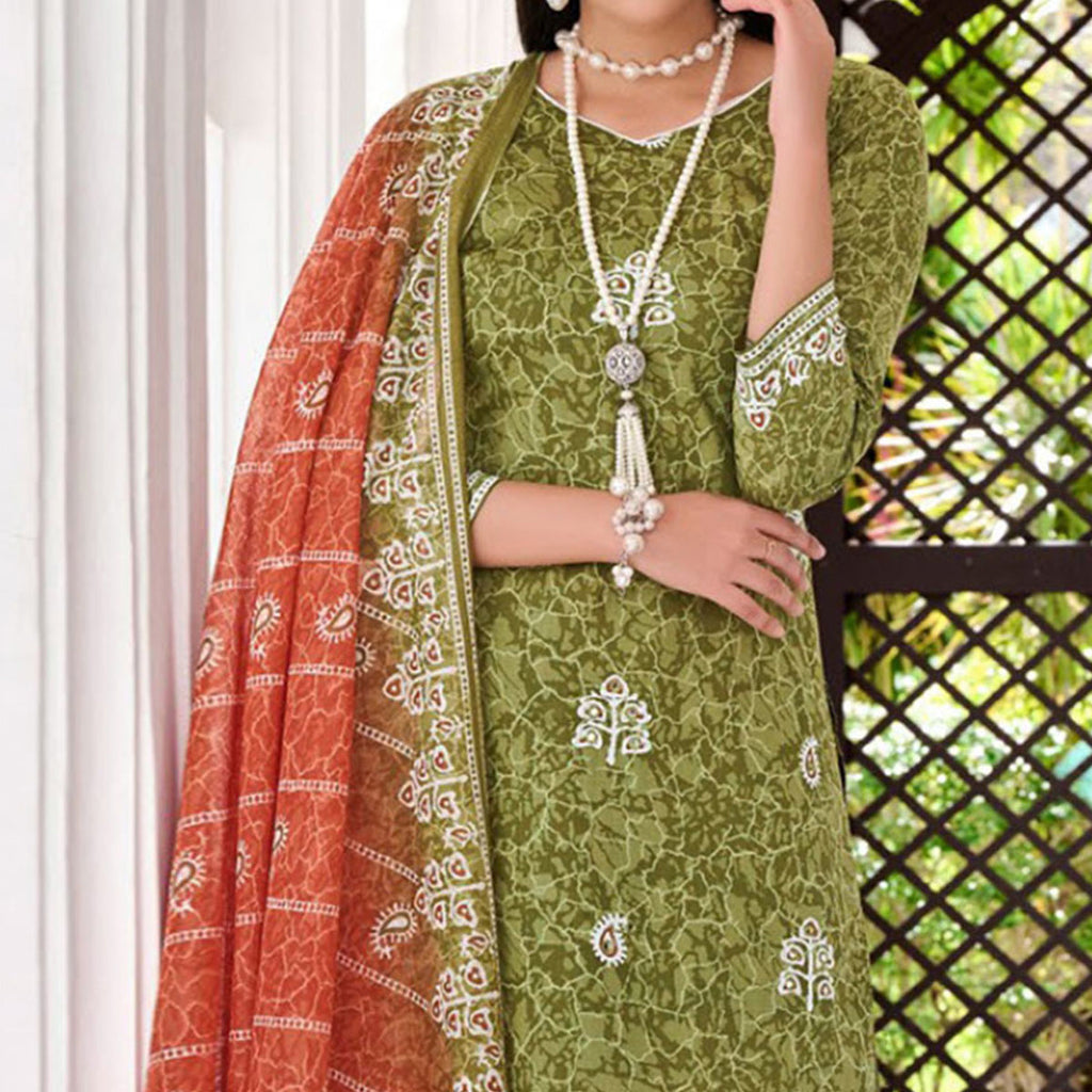 Olive Green Digital Printed With Mirror Work Pure Cotton Suit