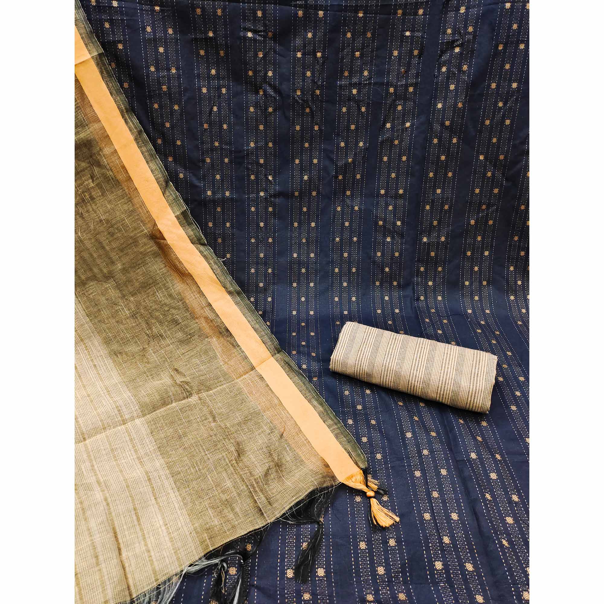 Navy Blue Woven Cotton Blend Dress Material