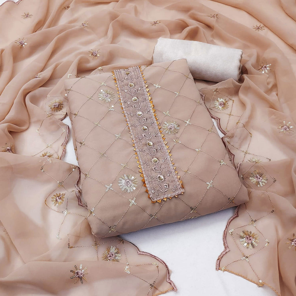 Chikoo Embroidered Sequins Georgette Dress Material