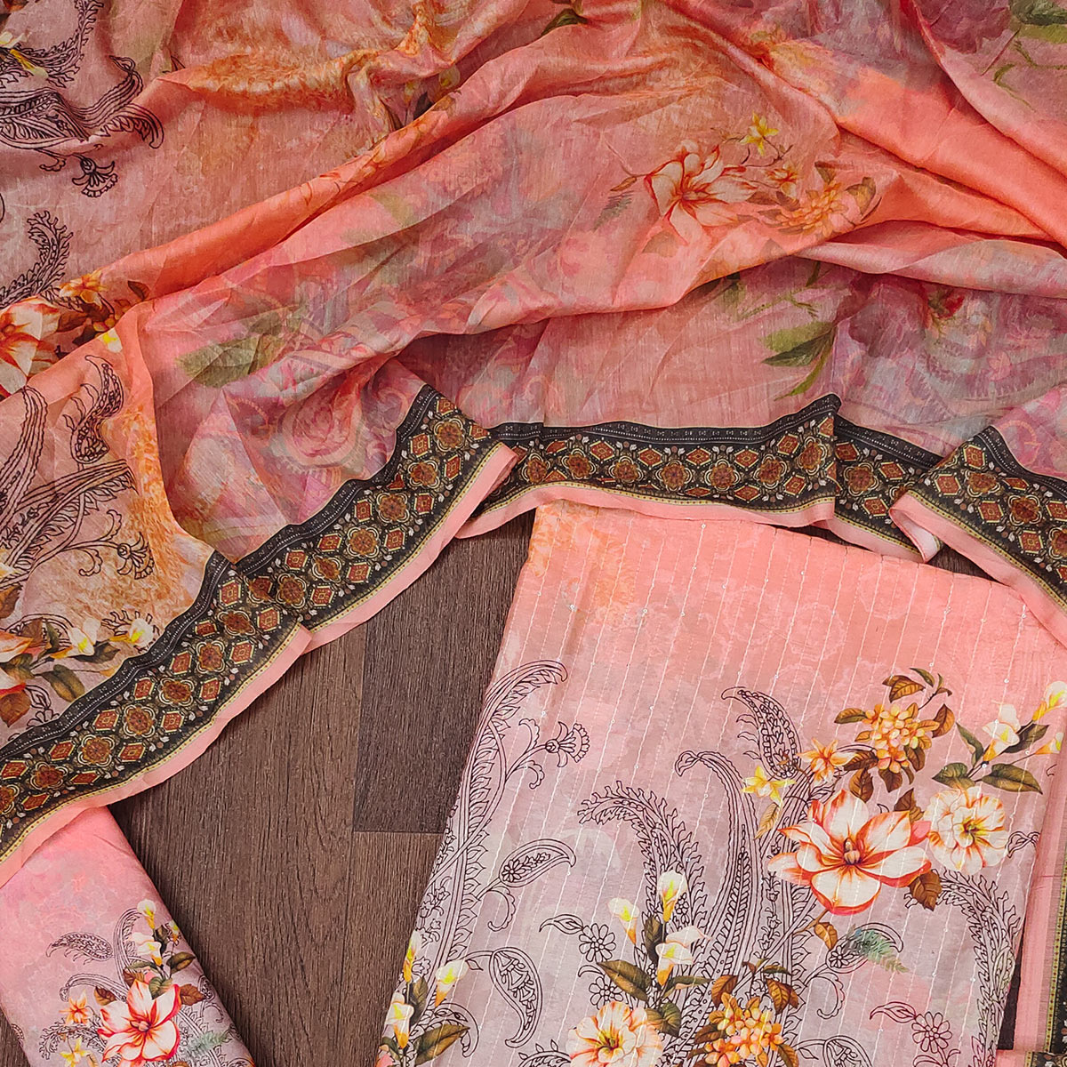 Peach Floral Digital Printed Muslin Dress Material