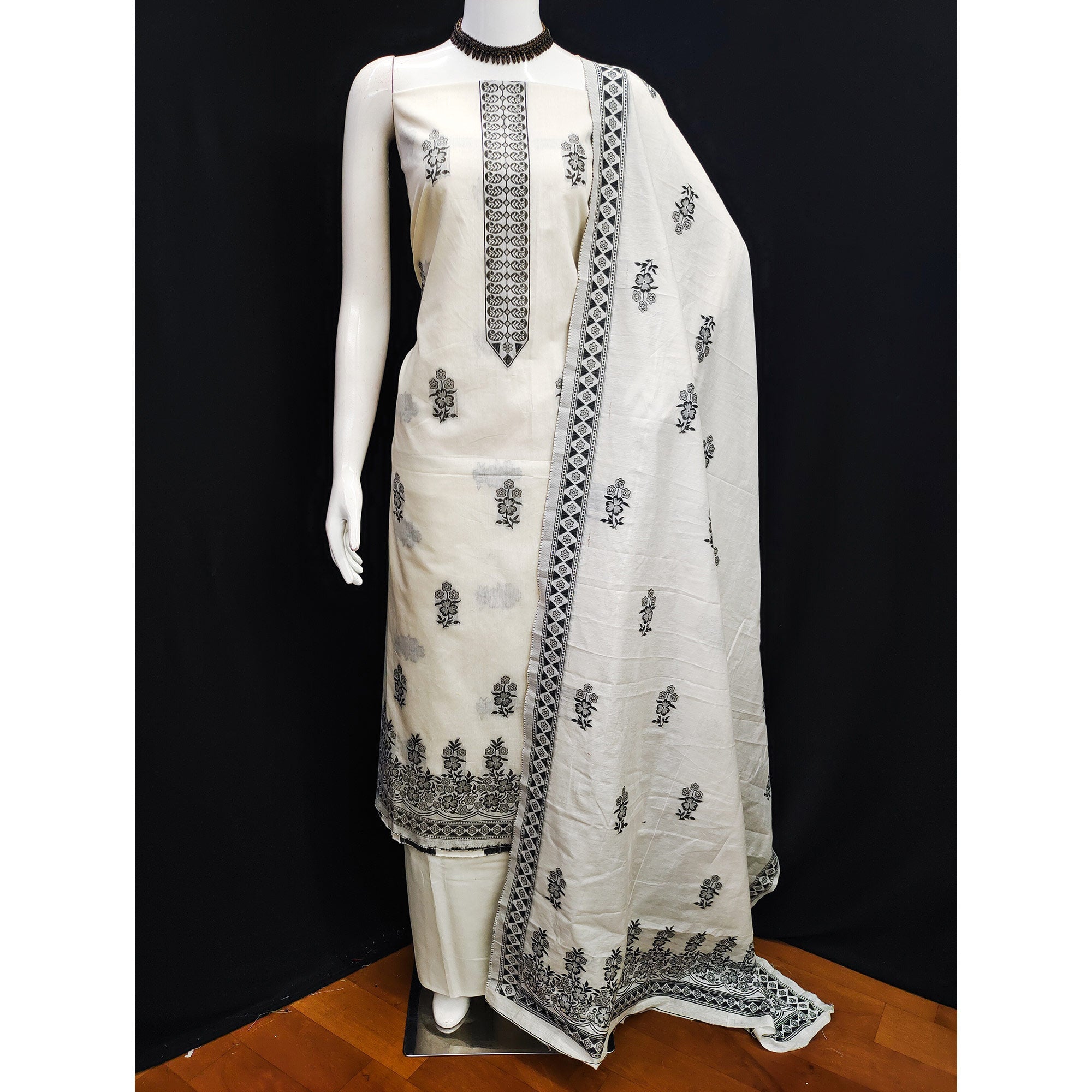 Cream & Black Floral Woven Pure Cotton Dress Material