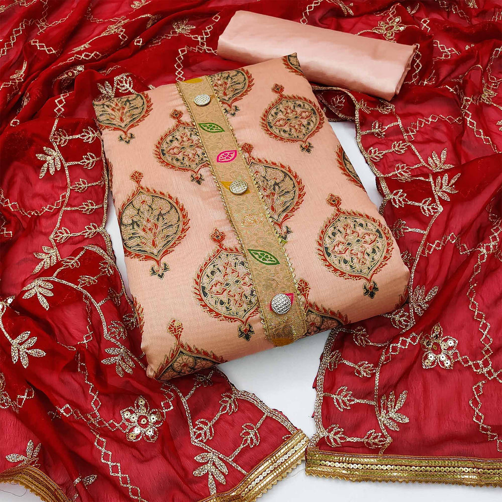 Peach Embroidered Chanderi Dress Material