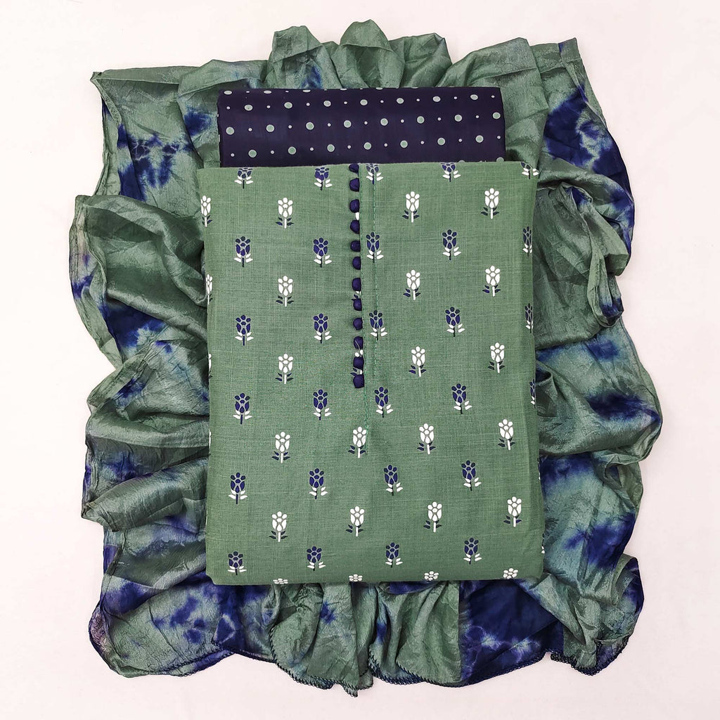 Green Floral Printed Cotton Blend Dress Material