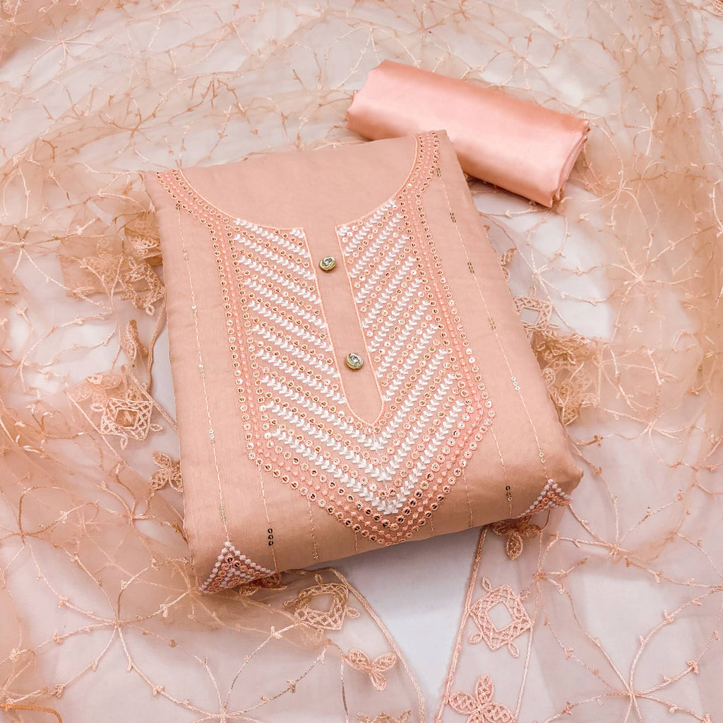 Peach Sequins Embroidered Chanderi Dress Material