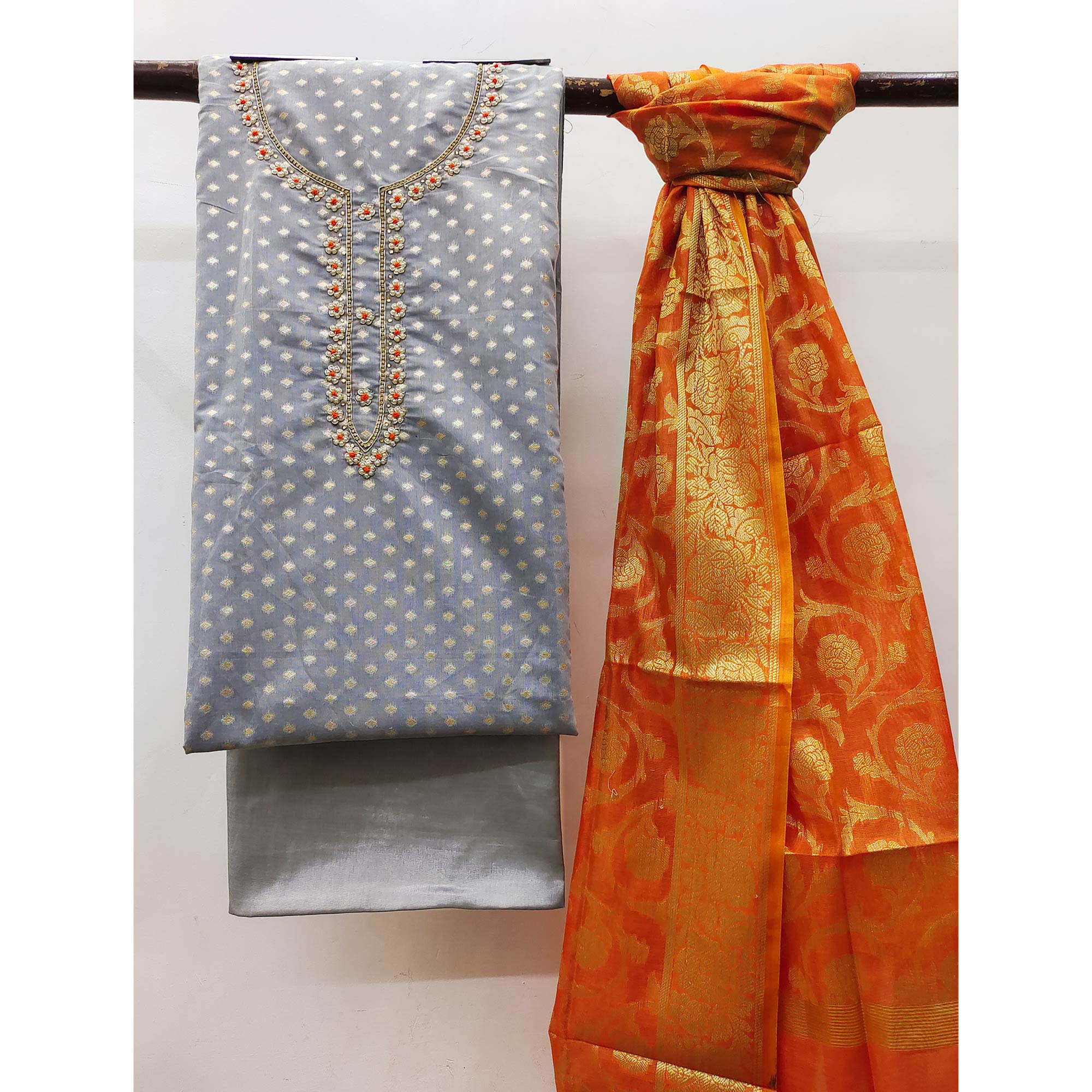 Grey Woven Banarasi Silk Dress Material